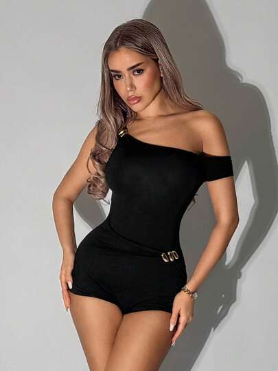 SHEIN ICON Áo liền quần nữ màu trơn, trang trí kim loại, kiểu dáng thường ngày.