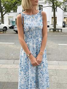 Pariaura Vestido maxi a cuadros marrones 2026 para mujer, con tirantes de lazo y cintura fruncida con volantes, estilo minimalista casual y perfecto para vacaciones y uso diario - Azul y blanco - Ver 6