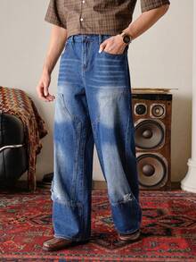 VeloEdit 高级水洗蓝色拼接做旧阔腿牛仔裤 - 藍色 - 查看 1