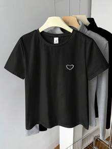 SHEIN Blus/Kaos Rajut Putih Leher Bulat Motif Hati Longgar Berhiaskan Manik-manik Elegan Serbaguna Nyaman untuk Anak Perempuan Usia 8-12 Tahun, Musim Semi/Panas - Hitam - View 5
