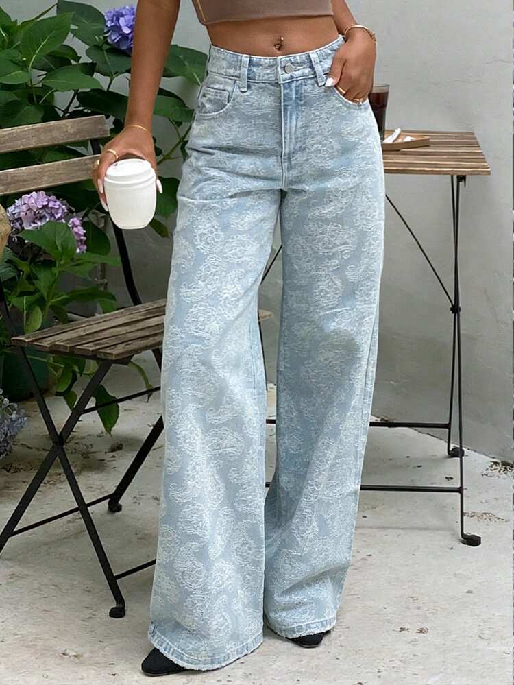 Women's Textured All-Over Print Loose Straight Leg Jeans, Suitable For Spring & Summer