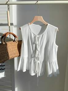 Comfortcana Women's Solid Color Belted Sleeveless Casual Vacation Shirt - White - View 3