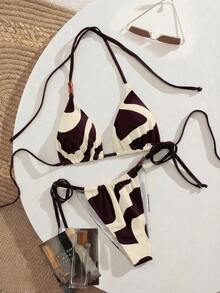 SHEIN Swim Vcay 美拉德彩色吊带裤侧系带装饰女士极简主义复古度假比基尼泳衣上装 - 中紫紅色 - 查看 4