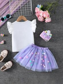 SHEIN 女童圆领3D立体花卉装饰短袖T恤和网纱裙休闲两件套 - 淡紫色 - 查看 3