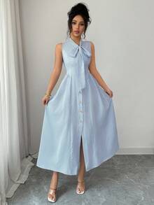 Elenzga Women's Striped Tie-Up Button Hem Slit Dress, Elegant And Graceful - Blue - View 5