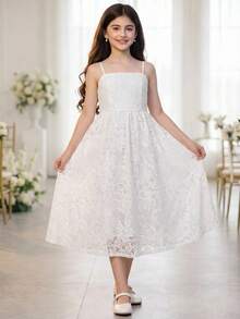 Pitira Vestido midi de encaje blanco para niñas preadolescentes, elegante para vacaciones, fiestas, bodas, regreso a la escuela, graduación - Blanco - Ver 4