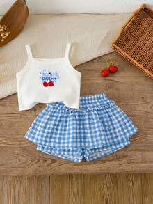 LMoss Kids Setelan Camisole dan Celana Pendek Minimalis Kasual untuk Bayi Perempuan dengan Motif Kotak-kotak Ceri yang Lucu, Cocok untuk Liburan Musim Panas - Baby Blue - View 1