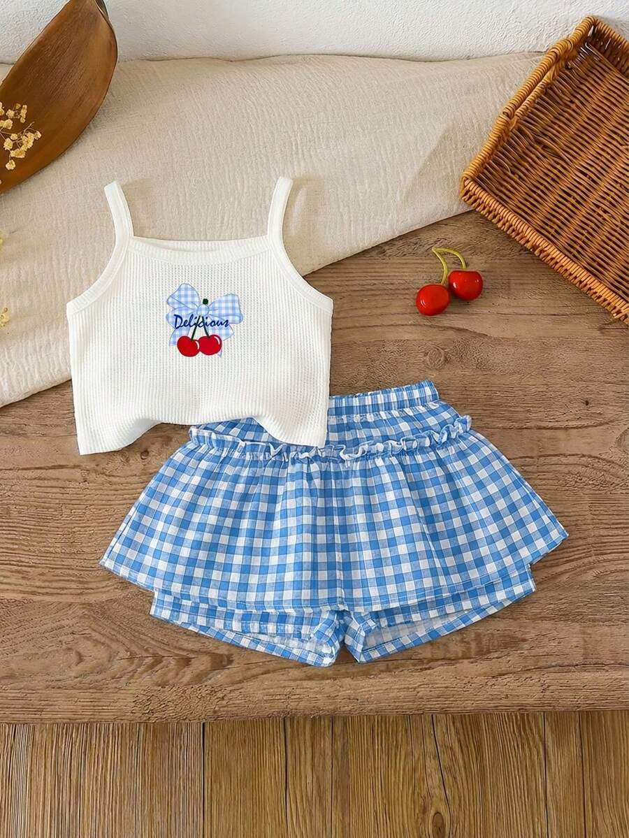LMoss Kids Setelan Camisole dan Celana Pendek Minimalis Kasual untuk Bayi Perempuan dengan Motif Kotak-kotak Ceri yang Lucu, Cocok untuk Liburan Musim Panas - Baby Blue - View 1