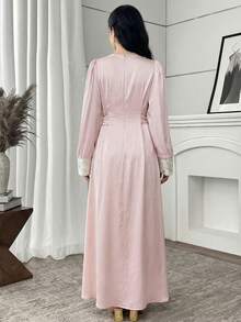 SHEIN Đầm dài tay thanh lịch màu hồng dệt họa tiết chắp vá jacquard cổ vuông, thắt eo dành cho thiếu nữ. - Hồng - Xem 4