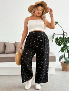 Plussiva Calça casual de uso diário com estampa total, plissada, Plus Size para gestantes - Preto - Visão 6