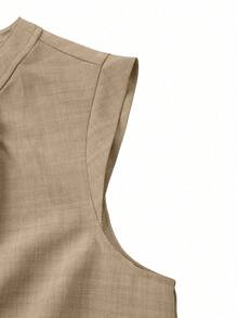 Linhara Plus Size Women Summer Elegant Commuter Round Neck Ruched Texture A-Line Sleeveless Blouse - Khaki - View 4