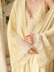 PREMIUM CONTRAST LACE BELTED ROBE - Yellow - View 1