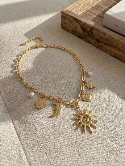 Resyla 1pc Fashionable Retro Punk Sun, Heart, Moon Mixed Pendant Necklace With Faux Pearl, Suitable For Party, Daily Wear, Gatherings, Women's Gift
