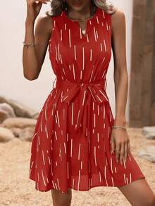 EMERY ROSE Đầm nữ in họa tiết, cổ chữ V, không tay, cắt ngẫu nhiên - Đỏ - Xem 4