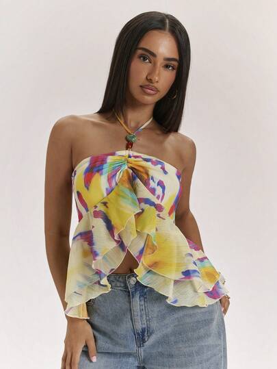 SHEIN BAE Colorful Striped Tie Dye Pattern Ruffle Collar Backless Beaded Camisole Top, Suitable For Beach Vacation, Resort Wear, Beach Tops, Backless Tops, Elegant Tops, Summer Tops, Party Tops, Italian Holiday Tops, Ibiza