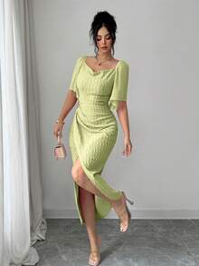 Vestido elegante ajustado con cuello de volantes, mangas de pétalos y hebilla metálica de bloque de color para mujer, primavera/verano - Verde pastel - Ver 8