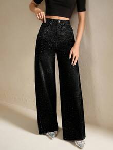 Anewsta Tall Quần jeans nữ ống rộng dáng suông đính đá lấp lánh, thích hợp mặc thường ngày. - màu đen - Xem 6
