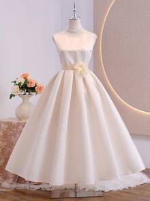 Cream White Floral Prom Dress For Teens, Elegant Satin Umbrella Dress, Birthday Outfit Women's Summmer Dresses Sleeveless Dresses Midi Dresses Dresses For Women Elegant Dresses For Women Dress For Women Special Occasion Wedding - Beige - View 2