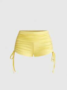 ROMWE Y2K Rhinestone Halter Crop Top And Low-Rise Shorts 2 Pieces Set For Women - Pale Yellow - View 5