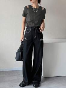 FRIFUL Women's Solid Color Slim Fit Casual Short Sleeve T-Shirt, Suitable For Spring And Summer - Dark Grey - View 2