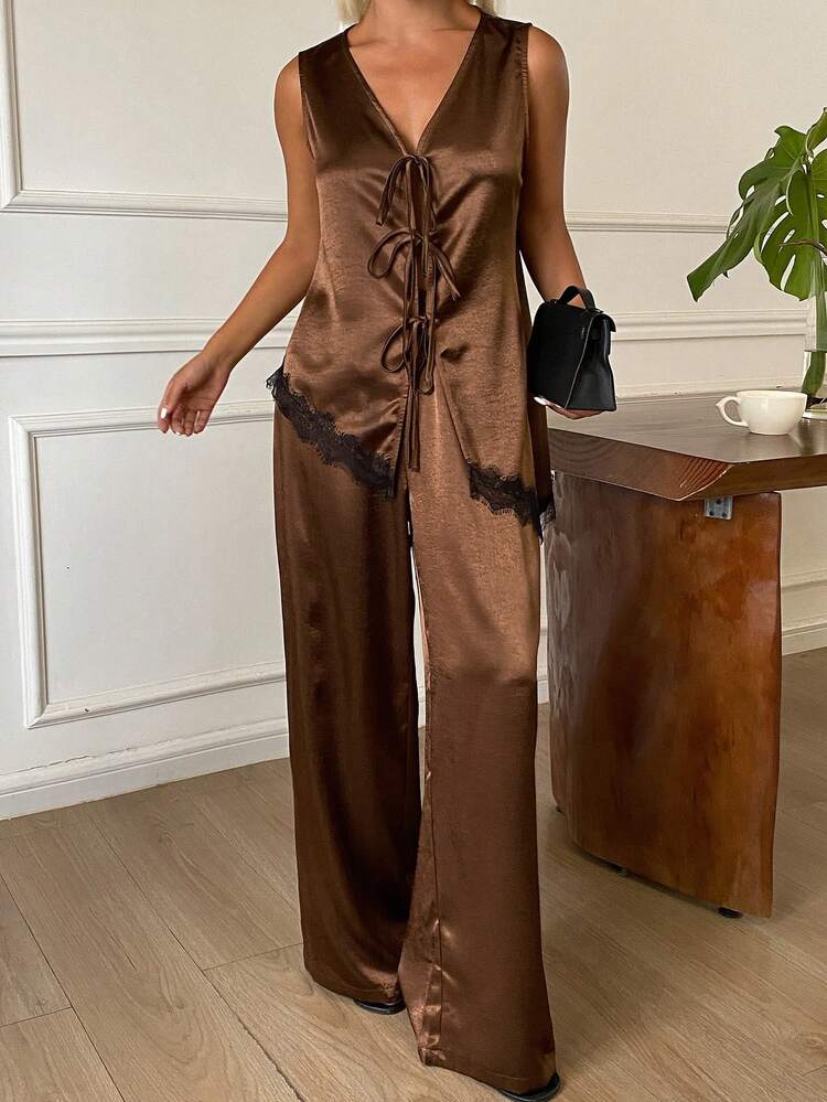 Women's Satin Asymmetrical Hem Lace Patchwork Sleeveless Top And Long Pants 2-Piece Set, Business/Commute/Vacation Style