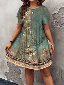 SHEIN LUNE Đầm dáng rộng tay ngắn, cổ tròn, họa tiết hoa vintage tối giản, eo nhún bèo, cỡ lớn, thích hợp cho kỳ nghỉ xuân/hè. - Nhiều màu - Xem 4
