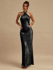 SHEIN BAE Gold Textured Backless Dress, Elegant Long For Women, Summer Nightclub Party, Brunch, Wedding Guest, Bridesmaid, Vacation Beach,Summer Dresses - Black - View 3