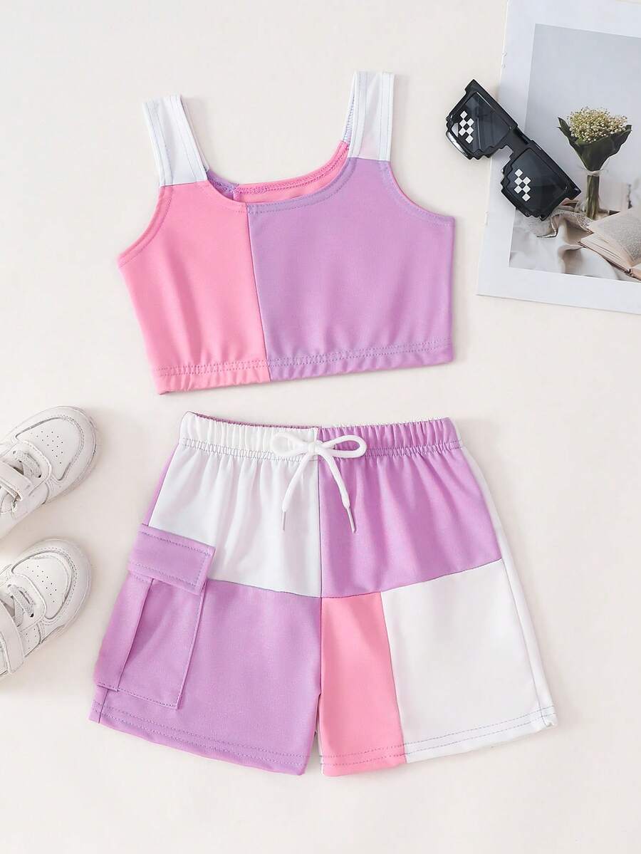 Conjunto de camiseta y pantalones cortos para niñas jóvenes - Multicolor - Ver 1