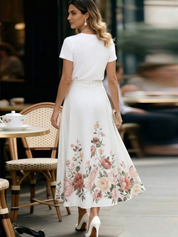 Set de 2 piezas con camiseta blanca y falda de línea A con estampado floral, elegante para mujer - Blanco - Añade 2