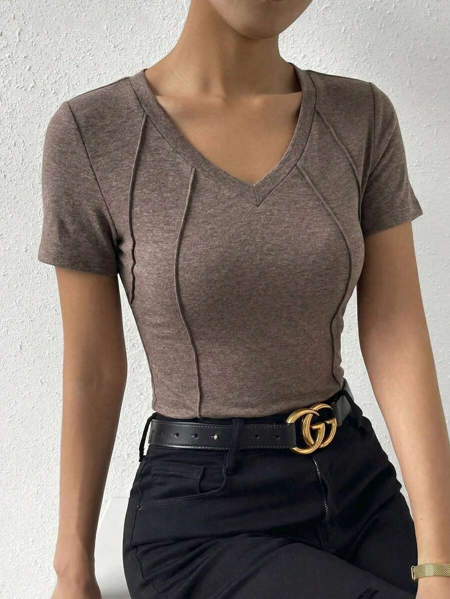 EMERY ROSE Women's Elegant Fitted Casual Office Minimalist Premium T-Shirt - Coffee Brown - View 1