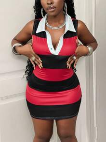 BamGleam Striped Contrast Color Sleeveless Polo Collar Bodycon Mini Dress, Casual Comfortable Stretchy Slimming Short Dress For Daily Wear - Multicolor - View 3