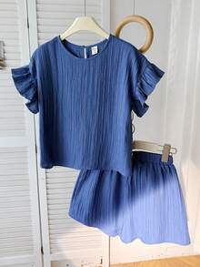 Tween Girls' Casual Fashion Beach Vacation Textured Rose Red Cute Ruffle Sleeve Round Neck Short Top+Elastic Waist Shorts 2 Piece Set,Spring/Summer - Blue - View 6