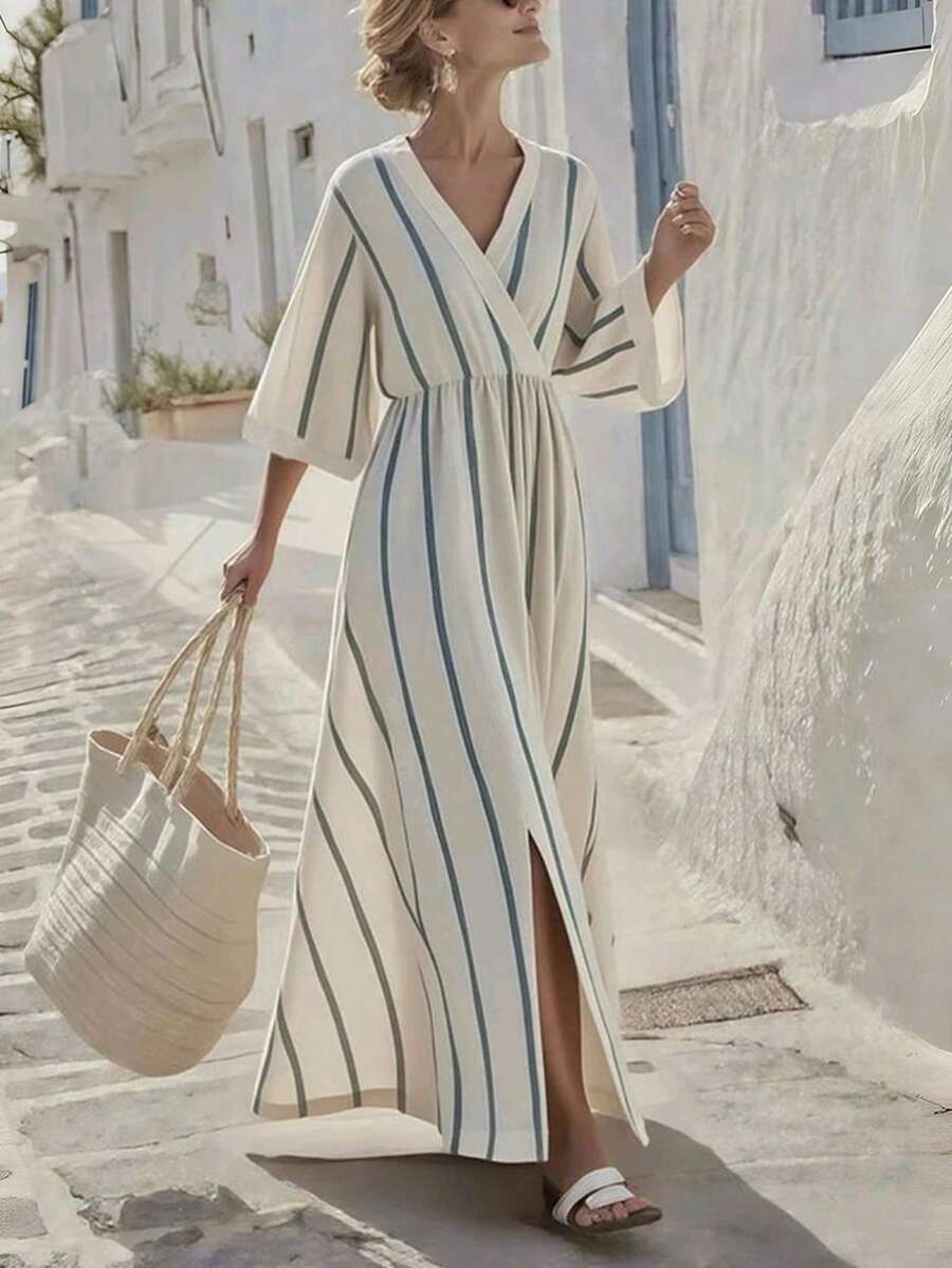 SHEIN Holidaya Đầm dài quấn cổ chữ V thanh lịch dành cho nữ, họa tiết sọc xanh hải quân, tay lửng, eo chun, dáng suông, thích hợp cho kỳ nghỉ hè ở bãi biển. - Nhiều màu - Xem 1