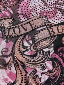 ROMWE Plus Size Y2K Music Festival , Vintage Romantic Rose Floral & Vine Heart Rhinestone Print Halter Top - Pink - View 3