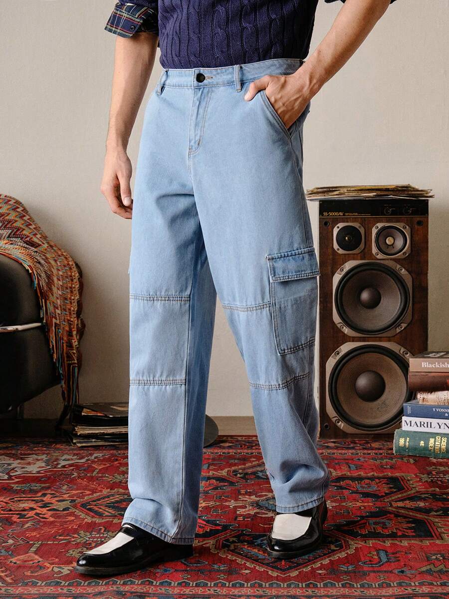 VeloEdit 宽松男式翻盖口袋侧边工装牛仔裤 - 藍色 - 查看 1