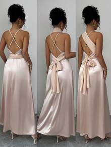 SHEIN Raffinéa Đầm phù dâu thanh lịch, tối giản, có thể biến tấu, một vai, xẻ tà, dáng dài ôm sát dành cho phụ nữ. - Rượu sâm banh - Xem 2