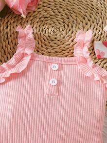 SHEIN Vintaside Kids 3件套幼儿女童夏季度假休闲卡通橙树叶图案荷叶边连体衣、裙子和发带 - 粉色 - 查看 4