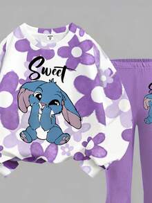 Set de 2 piezas de sudadera de manga larga con cuello redondo de ajuste holgado con estampado floral degradado morado y conejo azul de estilo kawaii para niña, adecuado para otoño/invierno, vuelta al colegio, estilo 2000, ropa Y2K - Multicolor - Ver 5