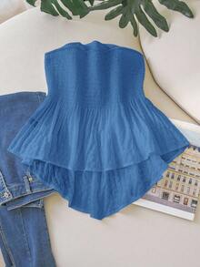 SHEIN Cosyjoi 大码不对称下摆无肩带白色休闲度假上衣，适合浪漫之旅和海滩度假 - 藍色 - 查看 2