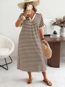 Ceyna Plus Size Casual Striped Knit Short Sleeve Dress, Suitable For Spring/Summer Holiday - Coffee Brown - View 4