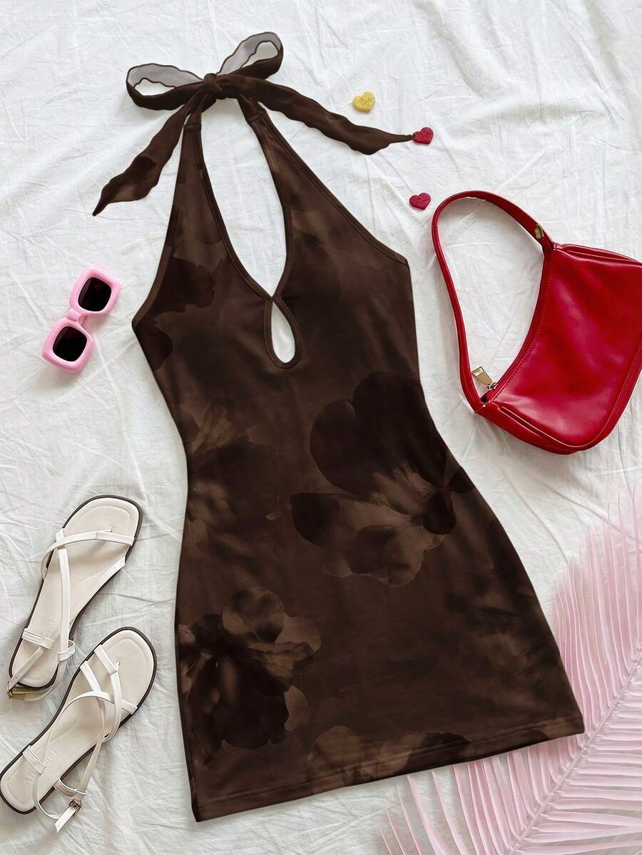 Soleia 休闲简约度假波西米亚风优雅浪漫复古棕色花卉水彩扎染印花图案,适合音乐节、海滩、度假,女士夏季迷你连衣裙 - 彩色 - 查看 1