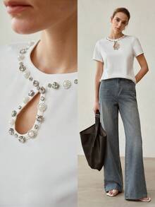 MOTF PREMIUM NEW SUMMER RHINESTONE HOLLOW OUT ROUND NECK SHORT SLEEVE T-SHIRT, SLIM FIT CASUAL TOP, WHITE UNDERSHIRT - White - View 6
