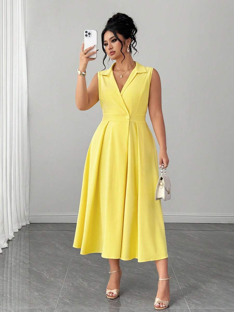 Elenzga Plus Size Women Elegant Casual Sleeveless Lapel Button Decor Maxi Dress - Yellow - View 1