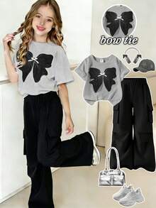 SHEIN Elladie kids 两件套少女休闲T恤和工装裤套装，蝴蝶结刺绣图案圆领短袖T恤和长裤，时尚春夏女童套装，儿童街头风阔腿裤蝴蝶结T恤女童服装套装。夏季套装。优雅派对礼服。少女服装套装，女童服装，女童套装。 - 淺灰色 - 查看 3