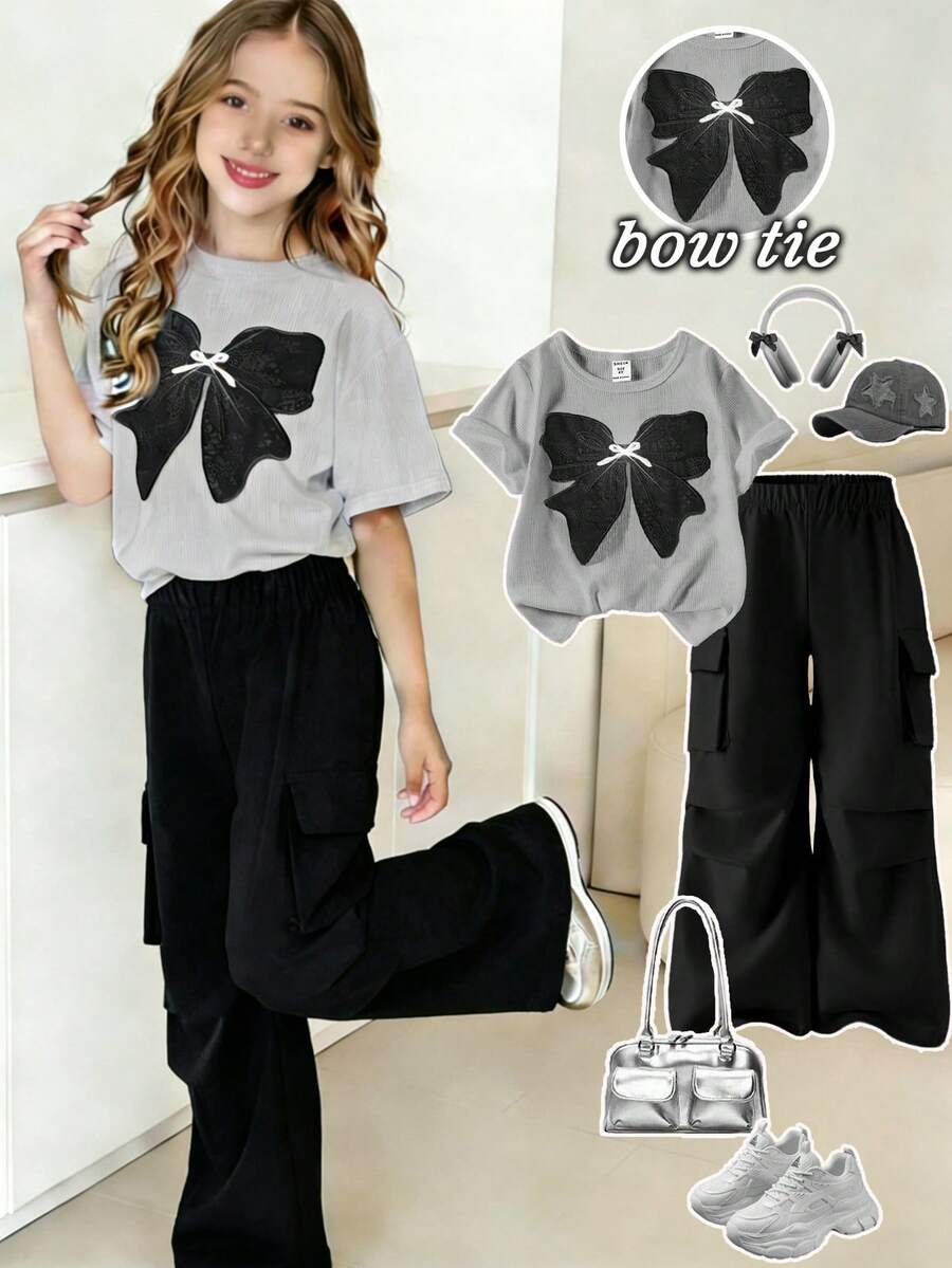 SHEIN Elladie kids 两件套少女休闲T恤和工装裤套装,蝴蝶结刺绣图案圆领短袖T恤和长裤,时尚春夏女童套装,儿童街头风阔腿裤蝴蝶结T恤女童服装套装。夏季套装。优雅派对礼服。少女服装套装,女童服装,女童套装。 - 淺灰色 - 查看 1