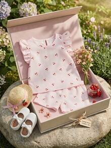 Souflis Souflis Bộ 2 món cho bé gái 0-3 tuổi, họa tiết quả anh đào ngọt ngào dễ thương, áo thun tay ngắn và quần short, thích hợp mặc đi chơi hàng ngày, mùa xuân/hè. - Màu Hồng baby - Xem 1