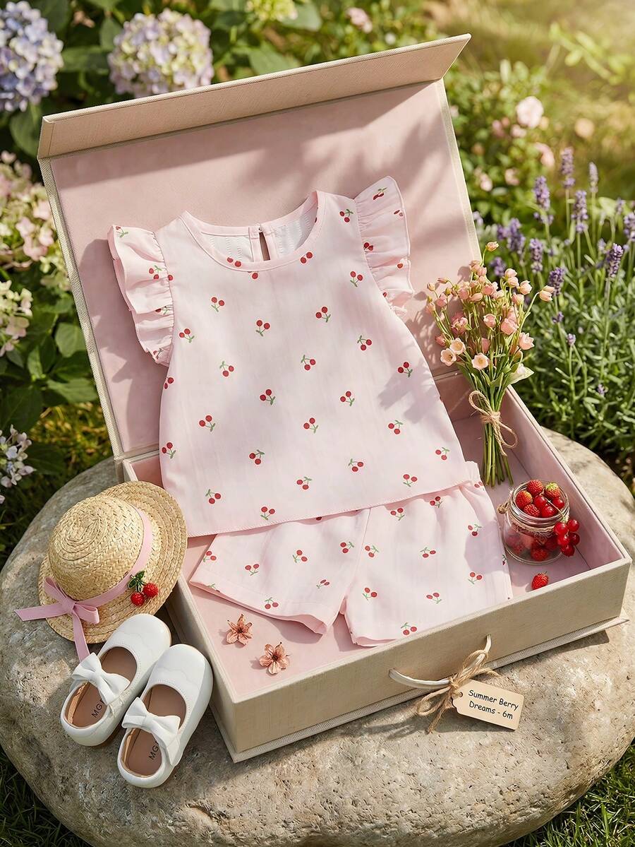 Souflis Souflis Bộ 2 món cho bé gái 0-3 tuổi, họa tiết quả anh đào ngọt ngào dễ thương, áo thun tay ngắn và quần short, thích hợp mặc đi chơi hàng ngày, mùa xuân/hè. - Màu Hồng baby - Xem 1