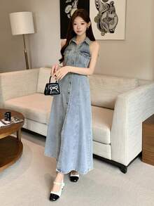 DAZY 女士休闲度假风前扣无袖牛仔连衣裙，春夏款 - 藍色 - 查看 9