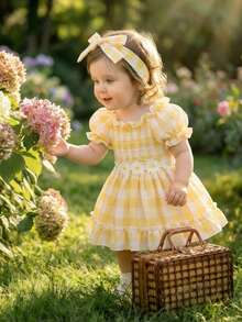 SHEIN Bộ 2 món váy và băng đô in họa tiết da báo cho bé gái, thích hợp cho mùa hè. - Màu vàng - Xem 1