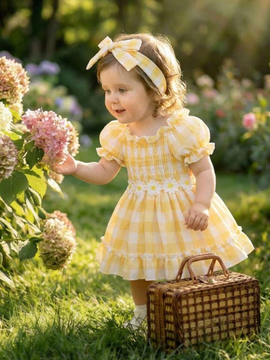 SHEIN Bộ 2 món váy và băng đô in họa tiết da báo cho bé gái, thích hợp cho mùa hè. - Màu vàng - Xem 1